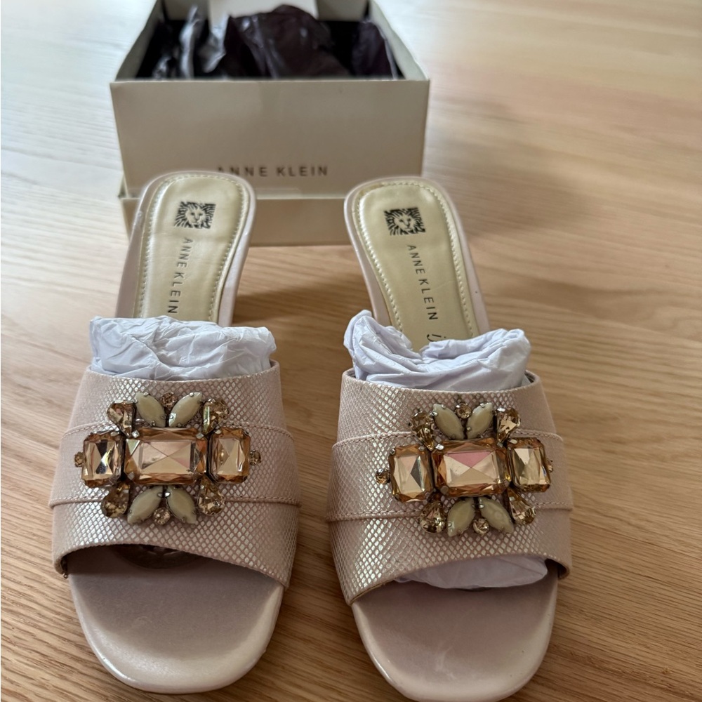 Anne Klein Beige Embellished Sandals - Picture 2 of 6